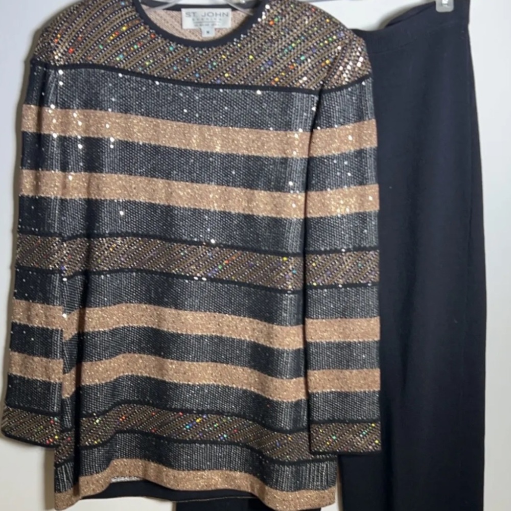 St. John Black & Metallic Gold Stripe Knit Sweater & pants and